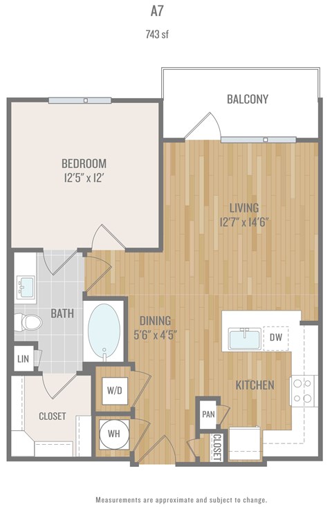 Floor plan for 1 bed, 1 bath, 743 sqft